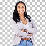 Business, woman and portrait with arms crossed, confidence and employee with pride on white background in studio. Happy, face and businesswoman with smile and working for success or administration