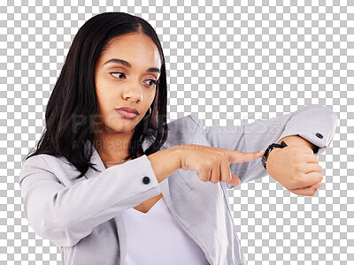 Buy stock photo Time, rush and businesswoman with watch annoyed at late person with angry expression. Planner, appointment and frustrated employee checking schedule on isolated or transparent background for problem