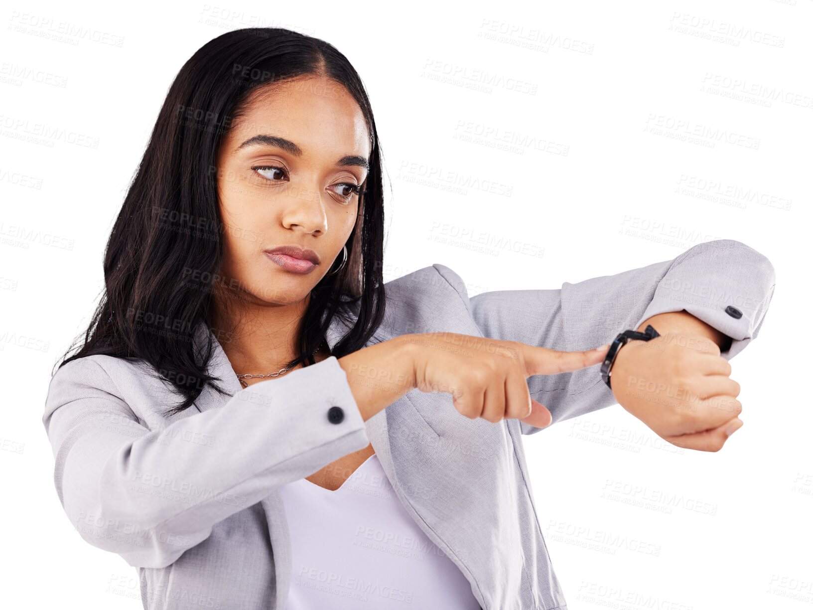 Buy stock photo Time, rush and businesswoman with watch annoyed at late person with angry expression. Planner, appointment and frustrated employee checking schedule on isolated or transparent background for problem