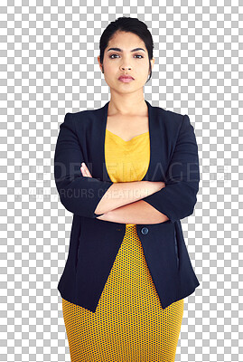 Buy stock photo Businesswoman, pride and portrait with arms crossed for professional, consultant and corporate career. Person, face or job confident in fashion style or isolated on transparent png background