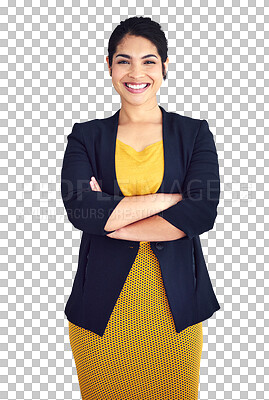 Buy stock photo Businesswoman, happy and portrait with arms crossed for professional, consultant and corporate career. Mexican person, smile face or pride in fashion style or isolated on transparent png background