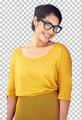 Buy stock photo Woman, smile and fashion in portrait, face and confidence or pride for glasses, vision and eyewear. Female person, beauty and style or optical health, joy and isolated on transparent png background