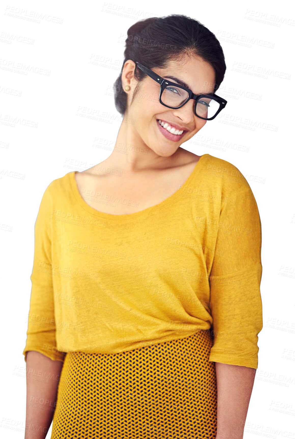 Buy stock photo Woman, smile and fashion in portrait, face and confidence or pride for glasses, vision and eyewear. Female person, beauty and style or optical health, joy and isolated on transparent png background