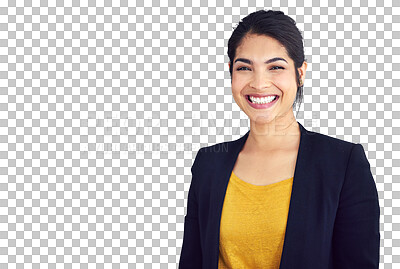 Buy stock photo Businesswoman, smile or portrait with positive in consultant career, professional or corporate work. Mexican person, face or happy for job pride in wellness or isolated on transparent png background