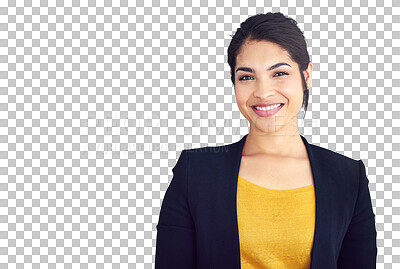 Buy stock photo Businesswoman, confident or portrait with smile for professional career, consultant or corporate work. Proud person, face or happy for job pride in fashion or isolated on transparent png background