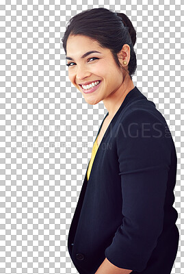 Buy stock photo Portrait, corporate woman and smile for decision, choice or career with formal fashion. Person, manager and excitement on face for job on isolated on transparent or png background with occupation