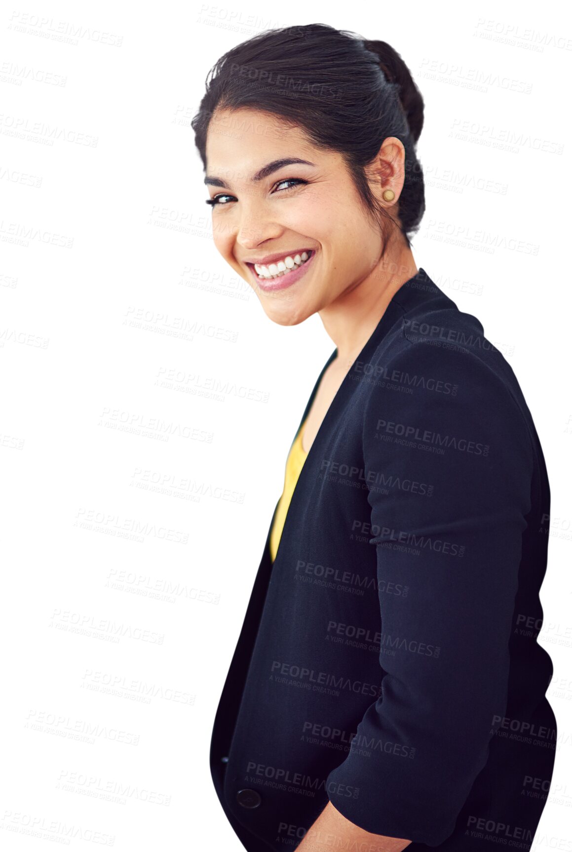 Buy stock photo Portrait, corporate woman and smile for decision, choice or career with formal fashion. Person, manager and excitement on face for job on isolated on transparent or png background with occupation