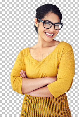 Buy stock photo Isolated teacher woman, arms crossed and smile in portrait with glasses by transparent png background. Education employee, learning expert or person with pride, happy and fashion for job at academy