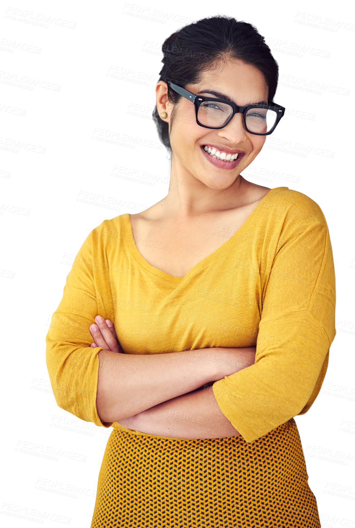 Buy stock photo Isolated teacher woman, arms crossed and smile in portrait with glasses by transparent png background. Education employee, learning expert or person with pride, happy and fashion for job at academy