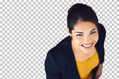 Buy stock photo Portrait, top view and happy business woman isolated on a transparent png background. Face, confident and smile of professional advisor, entrepreneur and corporate employee  or worker above in Mexico