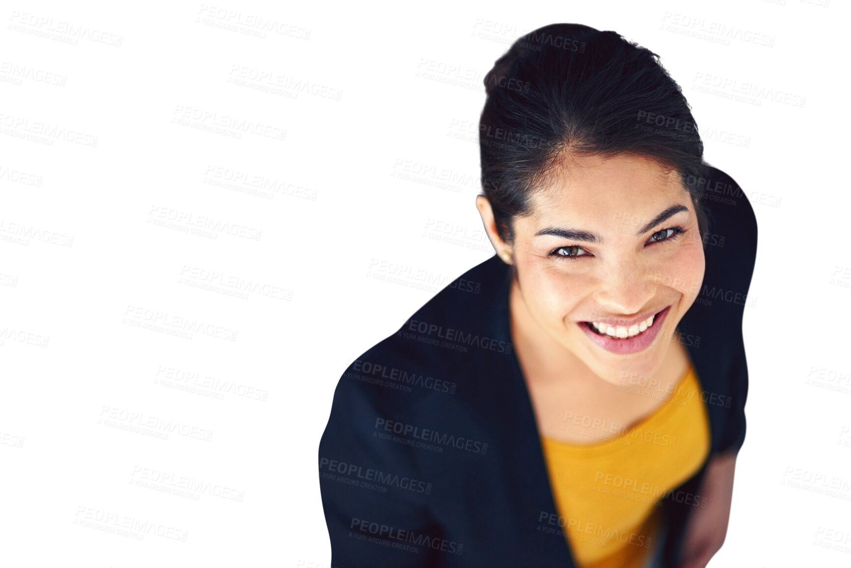 Buy stock photo Portrait, top view and happy business woman isolated on a transparent png background. Face, confident and smile of professional advisor, entrepreneur and corporate employee  or worker above in Mexico