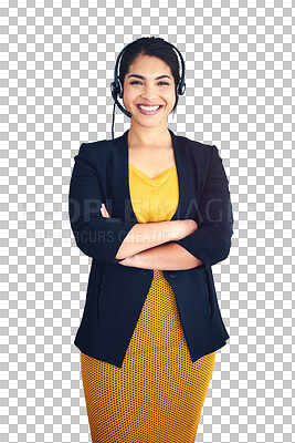 Buy stock photo Business woman, call center and arms crossed for customer service, virtual support and solution in portrait. Happy consultant or mexican agent in headphones isolated on a transparent, PNG background