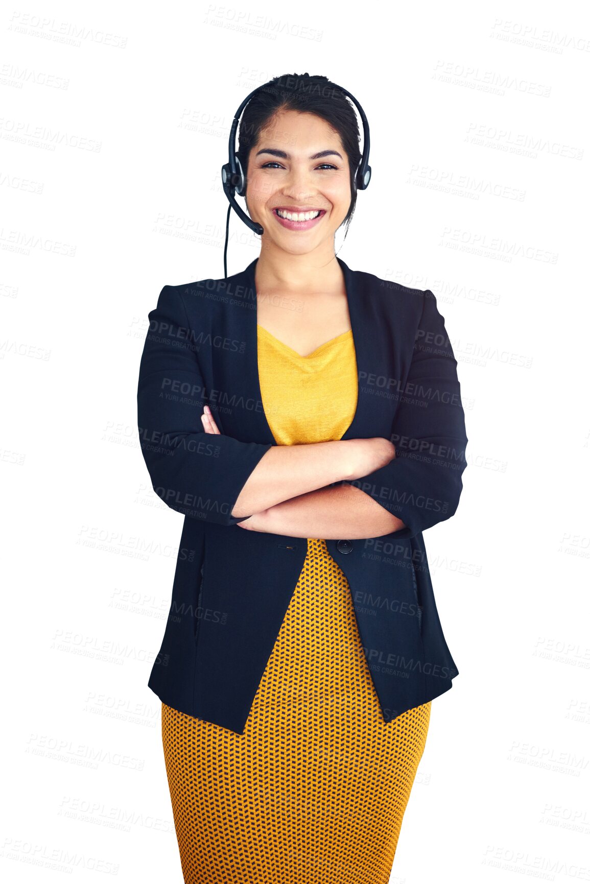 Buy stock photo Business woman, call center and arms crossed for customer service, virtual support and solution in portrait. Happy consultant or mexican agent in headphones isolated on a transparent, PNG background