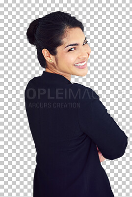 Buy stock photo Portrait, businesswoman and happy for professional, career or occupation with smile in back view. Female person, manager and excitement on face on isolated or transparent or png background for choice