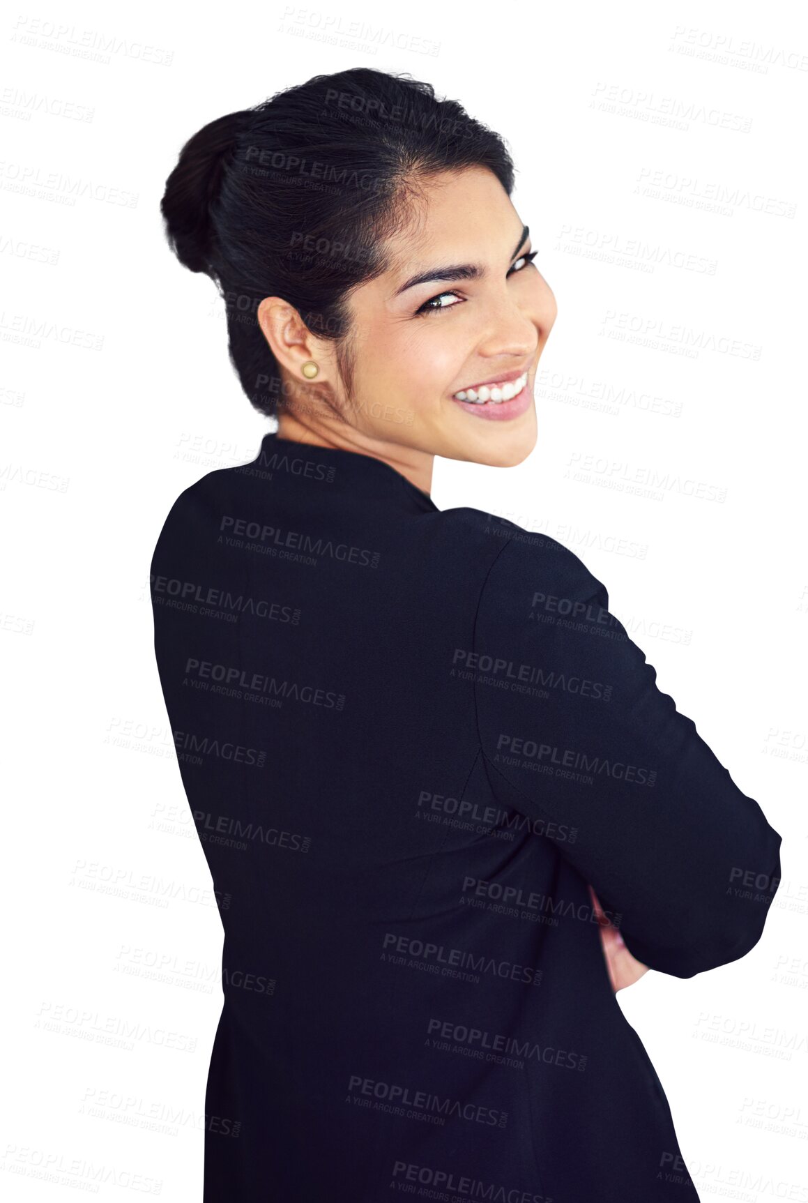 Buy stock photo Portrait, businesswoman and happy for professional, career or occupation with smile in back view. Female person, manager and excitement on face on isolated or transparent or png background for choice