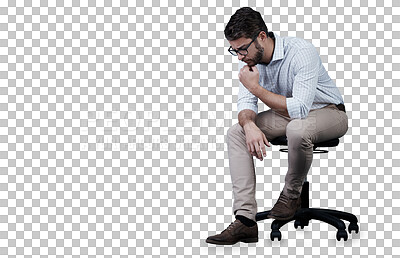 Buy stock photo Man, serious and thinking for future idea and isolated on transparent png background. Contemplating, young and financial clerk stressed for career, and startup with a businessman for corporate job
