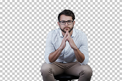 Buy stock photo Portrait, confidence and business man on chair isolated on a transparent png background. Face, professional entrepreneur sitting and serious salesman, worker and male employee in glasses in Spain