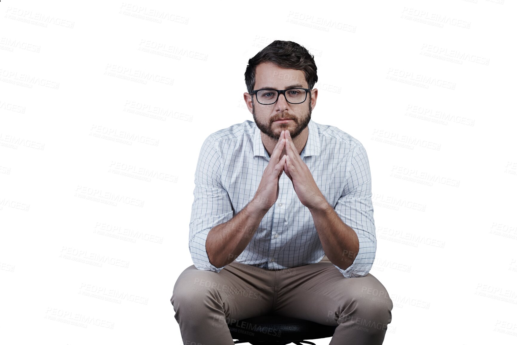 Buy stock photo Portrait, confidence and business man on chair isolated on a transparent png background. Face, professional entrepreneur sitting and serious salesman, worker and male employee in glasses in Spain