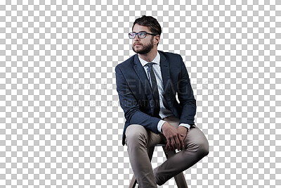 Buy stock photo Businessman, thinking and serious for future idea and isolated on transparent png background. Confident, young and financial clerk working for career, and startup with a man for corporate job
