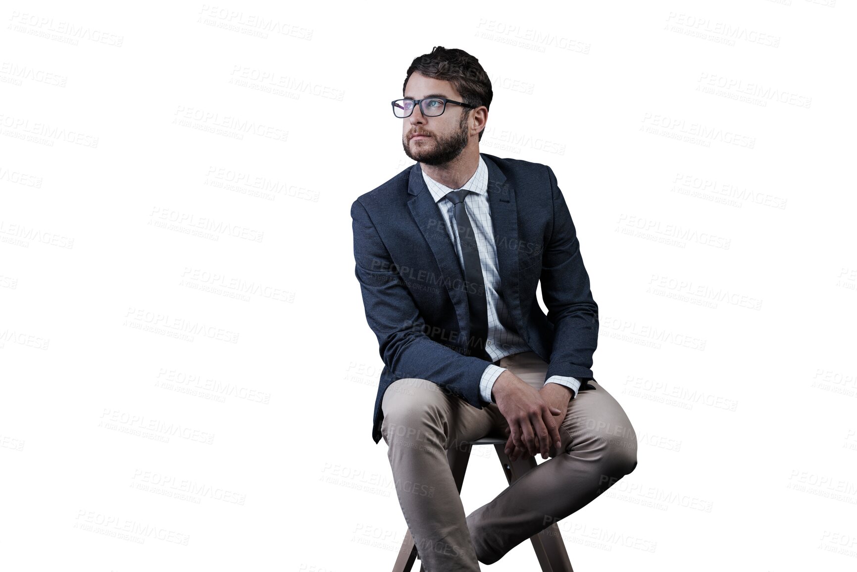 Buy stock photo Businessman, thinking and serious for future idea and isolated on transparent png background. Confident, young and financial clerk working for career, and startup with a man for corporate job
