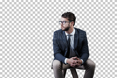 Buy stock photo Businessman, profile and thinking on chair with idea for future planning, wealth or growth with investment. Person, financial analyst and glasses with vision on isolated or transparent png background