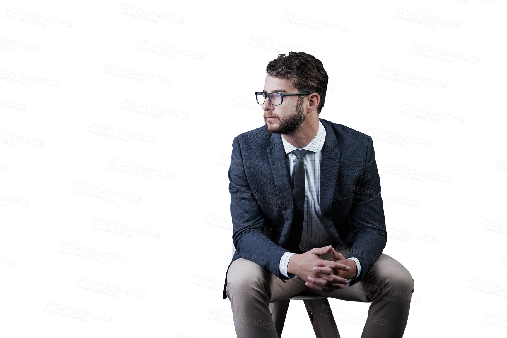 Buy stock photo Businessman, profile and thinking on chair with idea for future planning, wealth or growth with investment. Person, financial analyst and glasses with vision on isolated or transparent png background