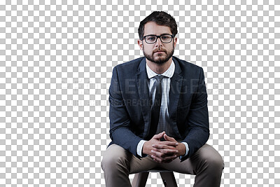 Buy stock photo Portrait, glasses and business man on chair isolated on a transparent png background. Career, professional entrepreneur and confident corporate salesman, serious worker and young employee in Spain