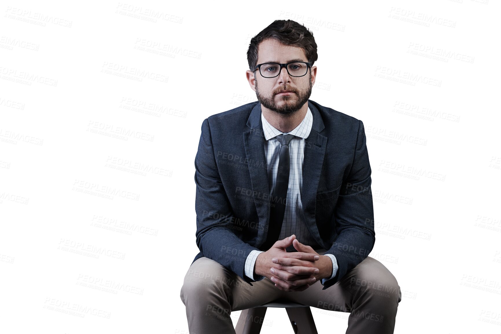 Buy stock photo Portrait, glasses and business man on chair isolated on a transparent png background. Career, professional entrepreneur and confident corporate salesman, serious worker and young employee in Spain