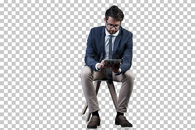 Buy stock photo Businessman, tablet and reading on chair for research, message or email by internet connection. Person, financial analyst and glasses with technology by web on isolated or transparent png background