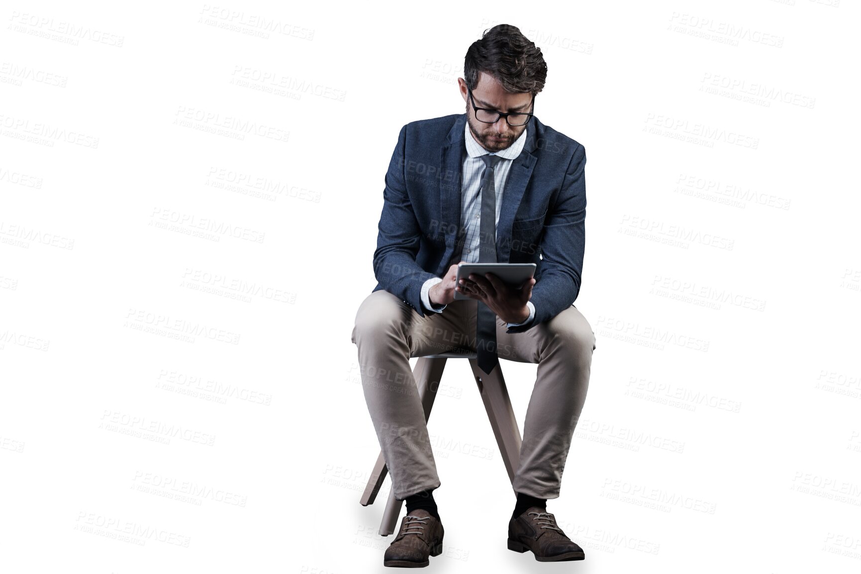 Buy stock photo Businessman, tablet and reading on chair for research, message or email by internet connection. Person, financial analyst and glasses with technology by web on isolated or transparent png background