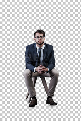 Buy stock photo Portrait, confidence and business man on chair isolated on a transparent png background. Job, professional entrepreneur and serious corporate salesman, worker and male employee in glasses in Spain