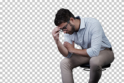 Buy stock photo Counselling, consultation and man on a chair with depression on isolated, transparent or png background. Stress, anxiety and male client on stool for mental health assessment, help or grief support