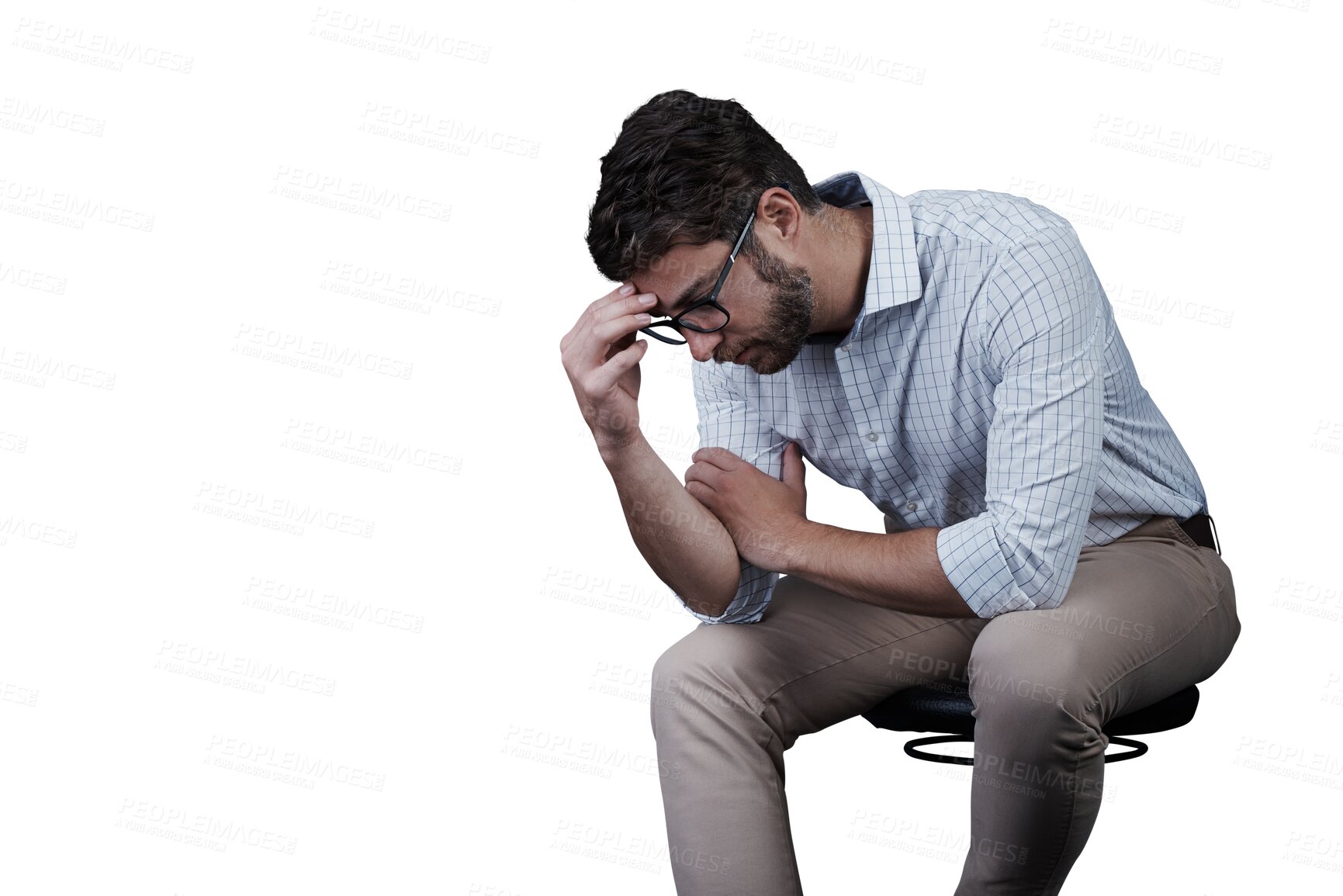 Buy stock photo Counselling, consultation and man on a chair with depression on isolated, transparent or png background. Stress, anxiety and male client on stool for mental health assessment, help or grief support