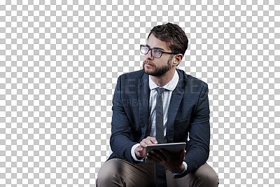 Buy stock photo Businessman, tablet and thinking on chair for research, social media, and information by internet for feedback. Analyst, technology and online trading by app on isolated or transparent png background