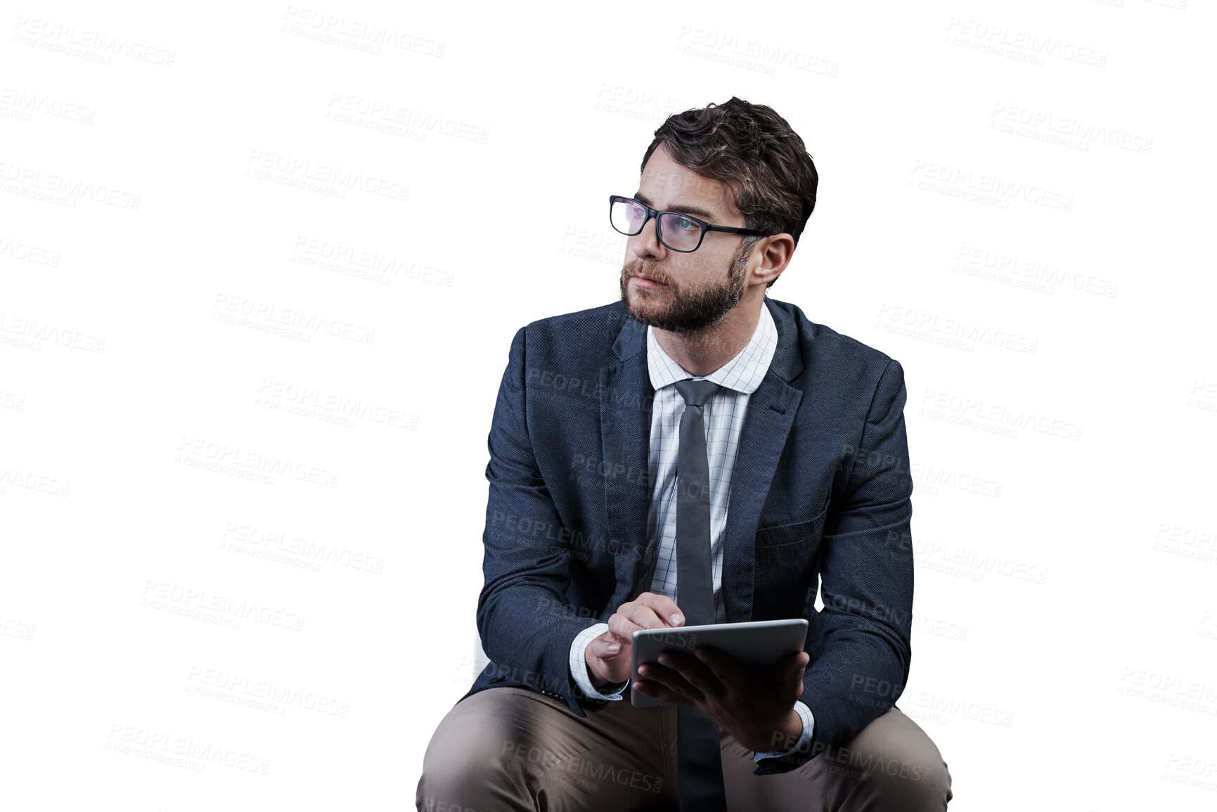 Buy stock photo Businessman, tablet and thinking on chair for research, social media, and information by internet for feedback. Analyst, technology and online trading by app on isolated or transparent png background