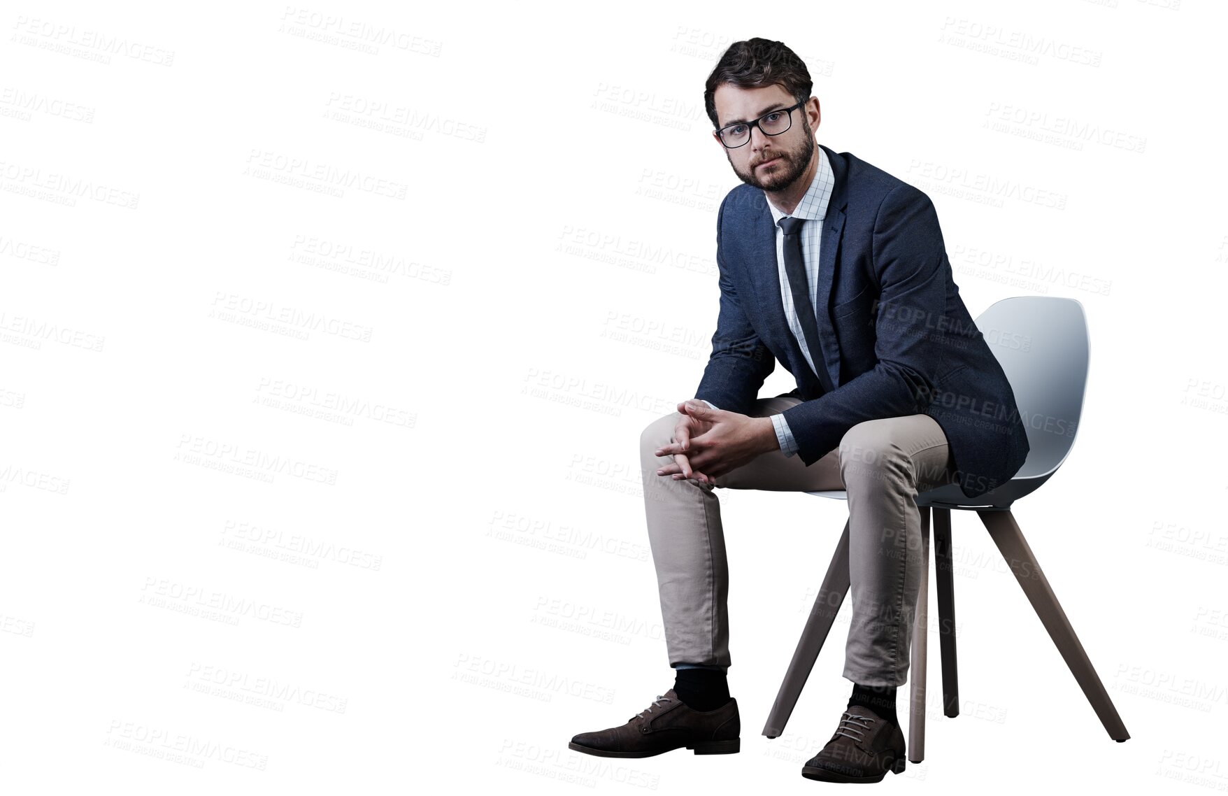 Buy stock photo Portrait, confidence and business man on chair isolated on a transparent png background. Glasses, professional entrepreneur and serious corporate salesman, worker or career of male employee in Spain