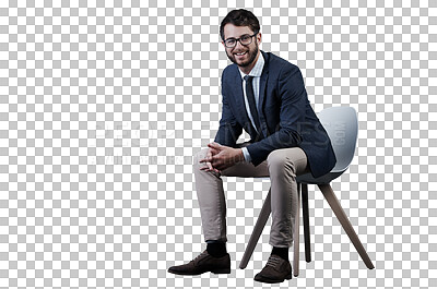 Buy stock photo Businessman, portrait and smile on chair with idea for future planning, wealth or growth with investment. Person, financial analyst and glasses with vision on isolated or transparent png background