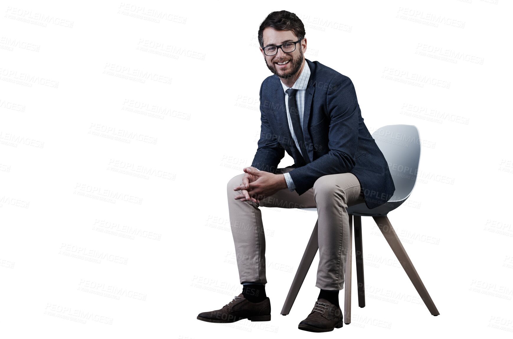 Buy stock photo Businessman, portrait and smile on chair with idea for future planning, wealth or growth with investment. Person, financial analyst and glasses with vision on isolated or transparent png background