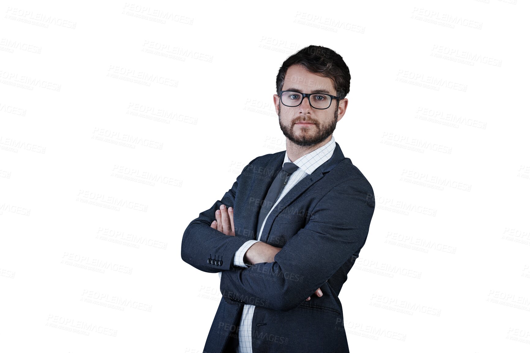 Buy stock photo Portrait, glasses and business man with arms crossed isolated on transparent png background. Serious face, professional entrepreneur or confident salesman, worker pride or corporate employee in Spain