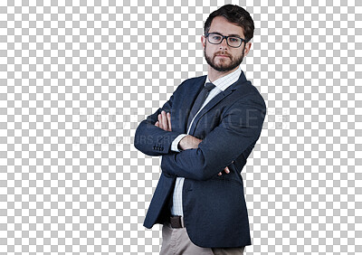 Buy stock photo Portrait, serious and business man with arms crossed isolated on a transparent png background. Glasses, professional entrepreneur and confident salesman, worker pride and corporate employee in Spain