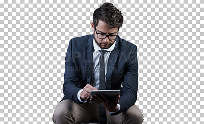 Buy stock photo Businessman, tablet and internet on chair for research, message or email for reading, browse or scroll. Male entrepreneur, person and glasses with technology on isolated or transparent png background