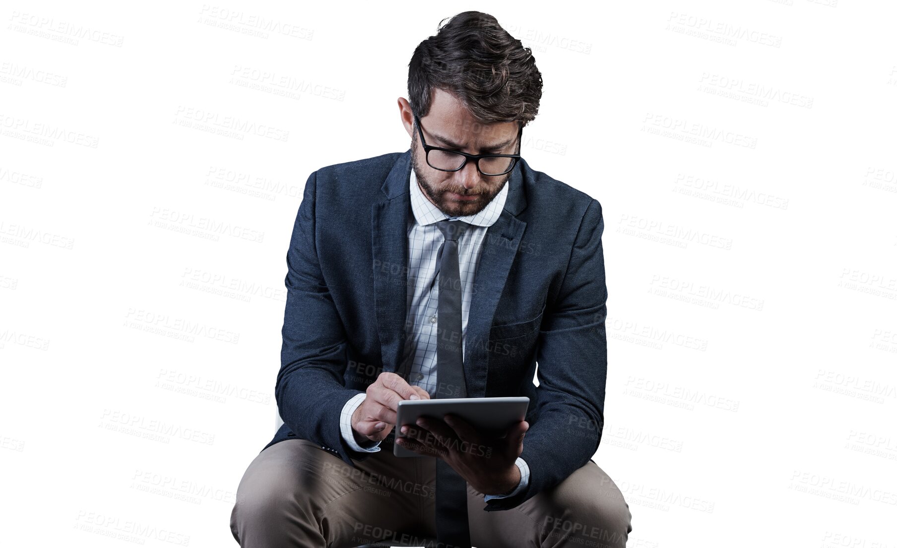 Buy stock photo Businessman, tablet and internet on chair for research, message or email for reading, browse or scroll. Male entrepreneur, person and glasses with technology on isolated or transparent png background