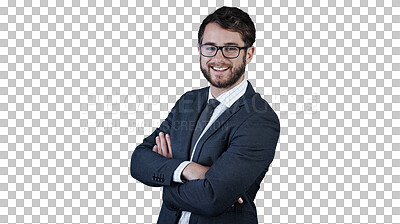 Buy stock photo Portrait, smile and business man with arms crossed isolated on transparent png background. Happy face, professional entrepreneur in glasses or confident salesman, pride or corporate employee in Spain