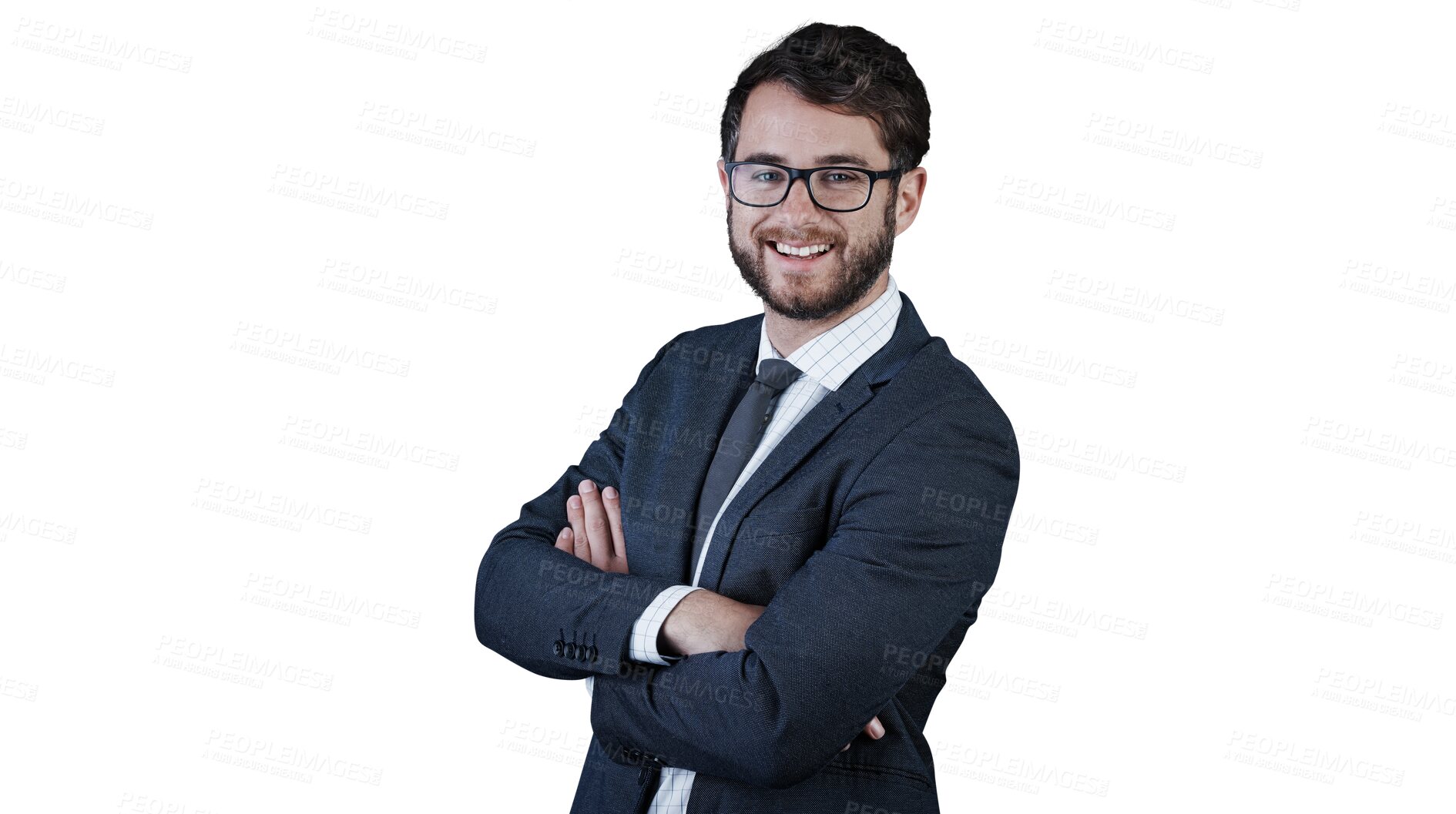 Buy stock photo Portrait, smile and business man with arms crossed isolated on transparent png background. Happy face, professional entrepreneur in glasses or confident salesman, pride or corporate employee in Spain