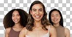 Beauty, diversity group and woman smile for facial cosmetics, self care wellness or dermatology makeup. Women empowerment, unique and happy portrait of model friends together on studio background