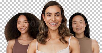 Buy stock photo Portrait, woman and friend for wellness in beauty, facial cosmetics, or self care with smile. Diverse group, model and female empowerment on isolated or transparent png background for dermatology