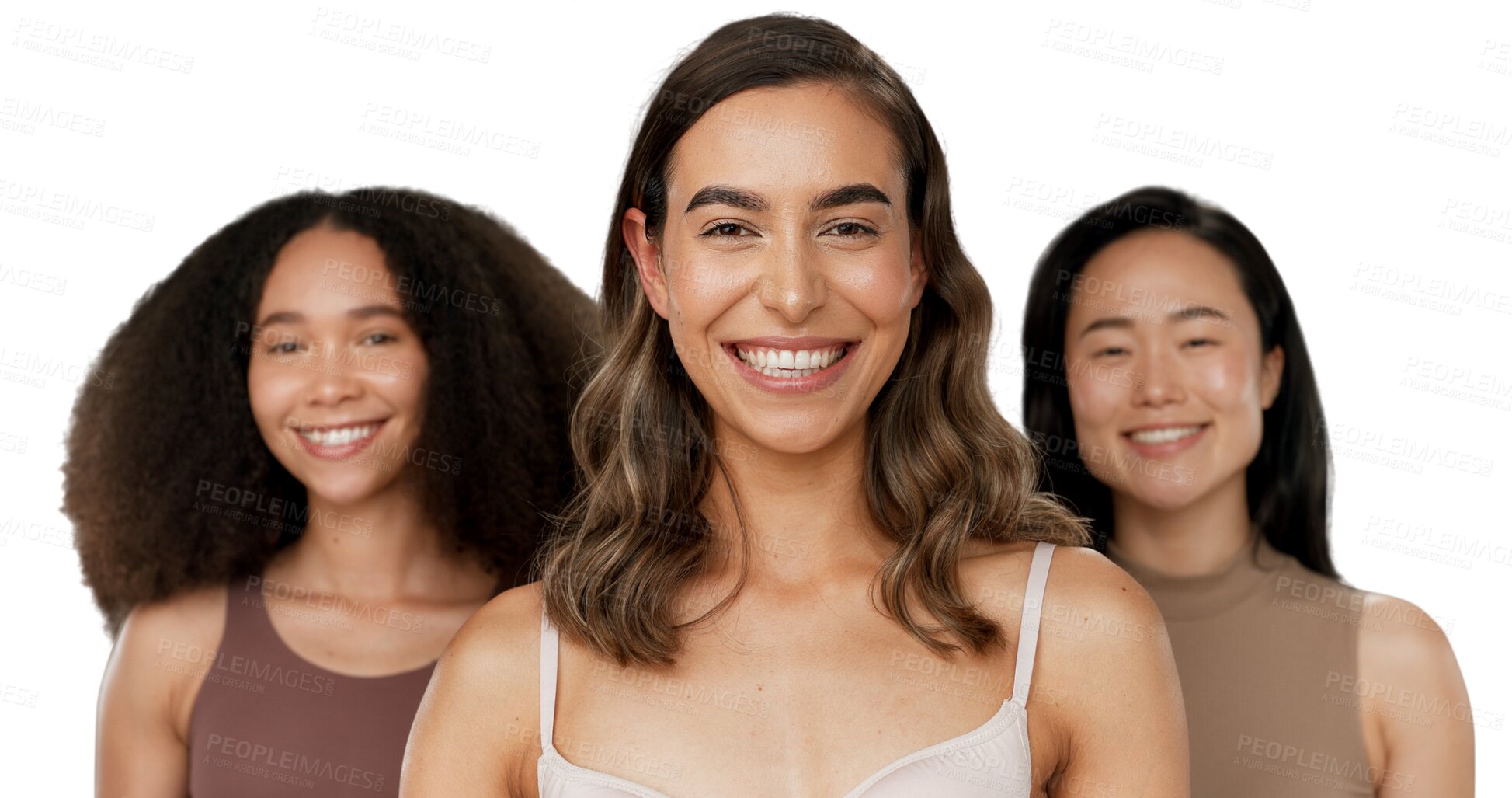 Buy stock photo Portrait, woman and friend for wellness in beauty, facial cosmetics, or self care with smile. Diverse group, model and female empowerment on isolated or transparent png background for dermatology