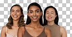 Beauty, diversity or smile of women friends in studio for portrait, inclusion or wellness. Face of happy people on neutral background as different skin care, dermatology glow or cosmetic comparison