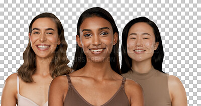 Buy stock photo Beauty, diversity or smile of women for portrait, inclusion or relax wellness with dermatology glow. Face, happy and people with skin care for cosmetics and isolated on transparent png background