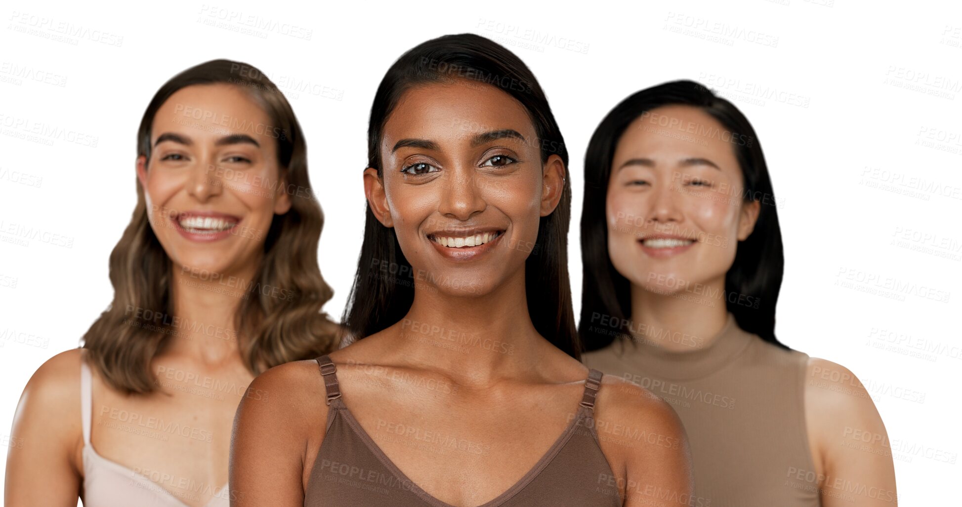 Buy stock photo Beauty, diversity or smile of women for portrait, inclusion or relax wellness with dermatology glow. Face, happy and people with skin care for cosmetics and isolated on transparent png background